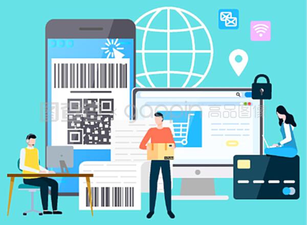 有支付保障的智能手機和計算機,購物和送貨。網上支付系統,帶筆記本電腦的字符。平面卡通風格的矢量插圖。國際商務現代技術小工具